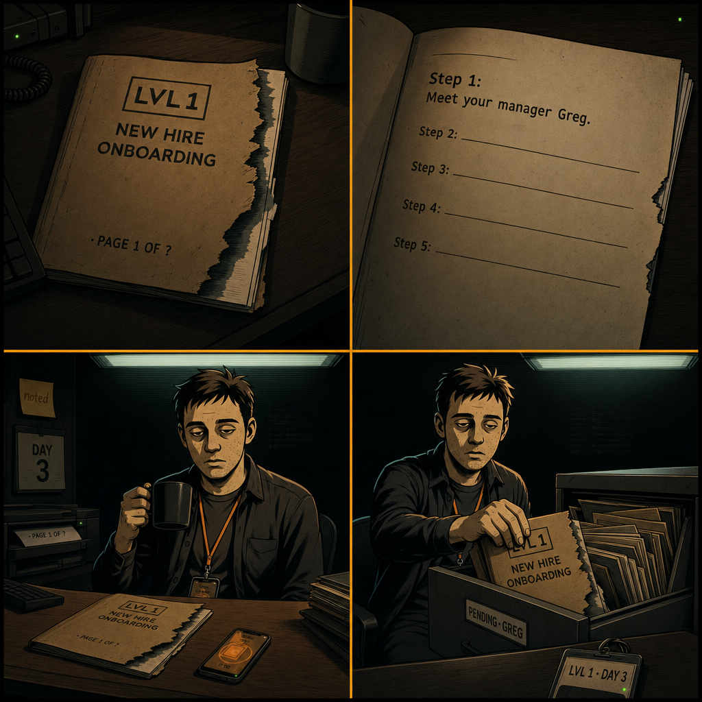DAY 3. step 1 of the welcome packet: meet greg. there is no step 2. the drawer marked PENDING · GREG is full.