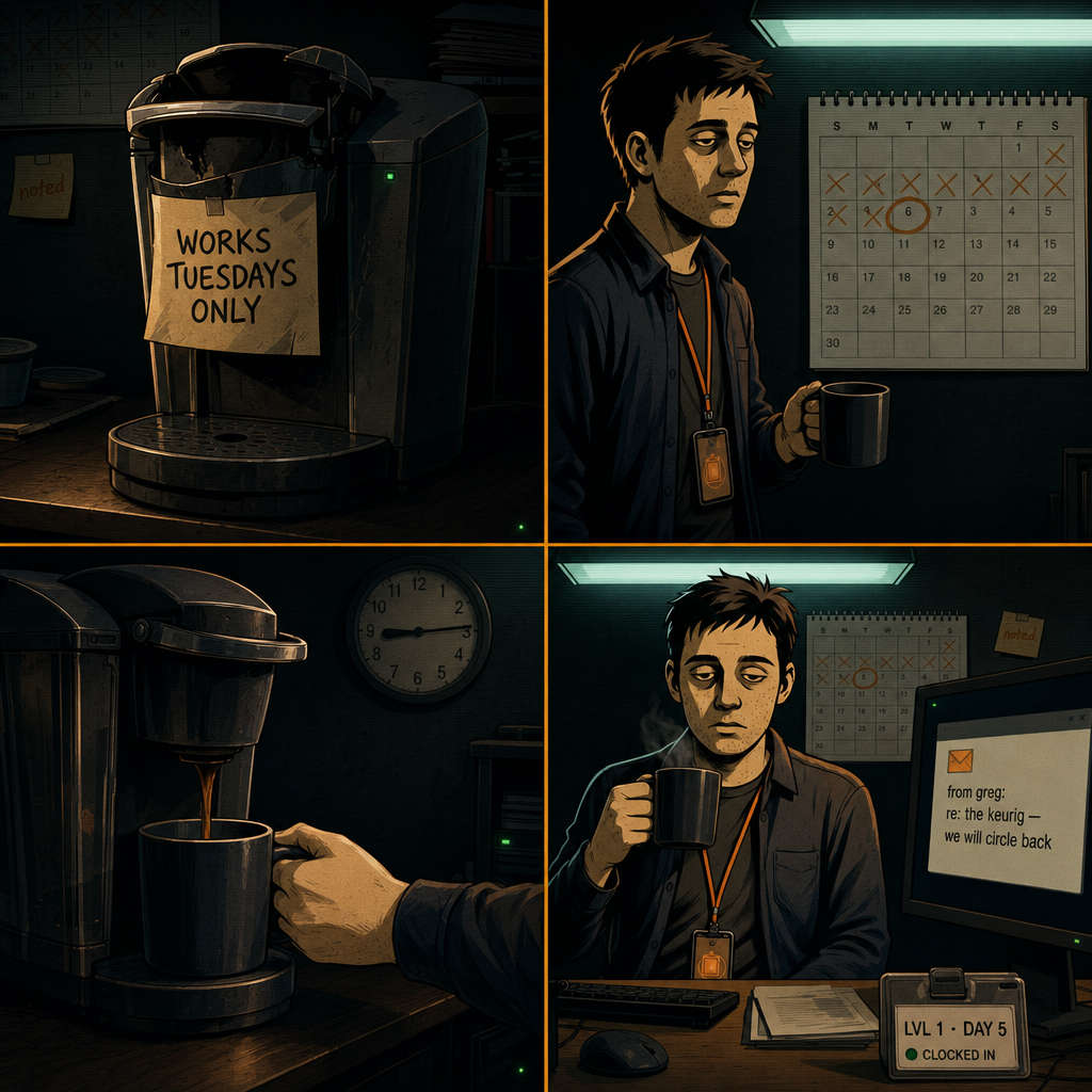 DAY 5. tuesday. the keurig only runs on tuesdays. greg said he'd fix it. greg said he'd circle back.
