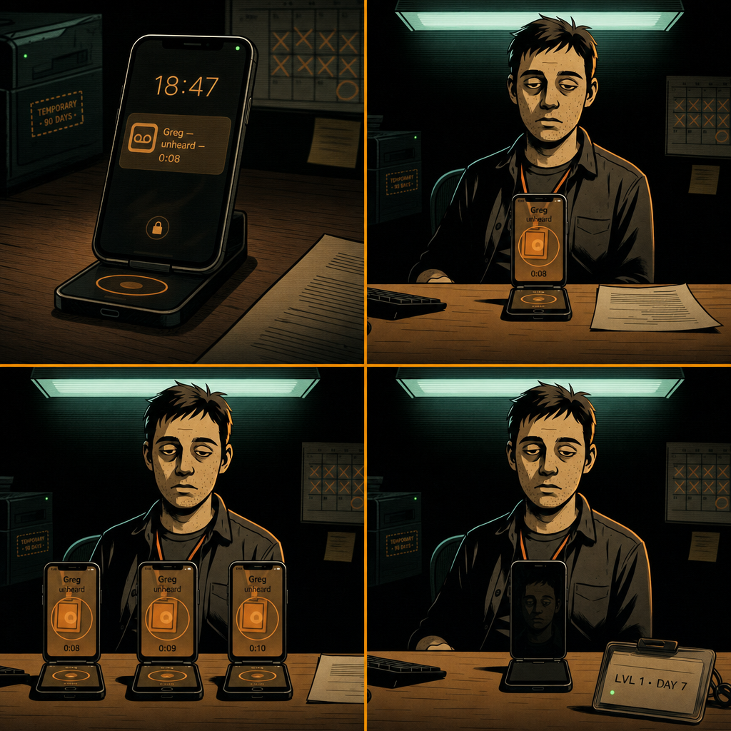 DAY 7. first voicemail from greg. 8 seconds long. unheard. the counter went up. the screen went black.