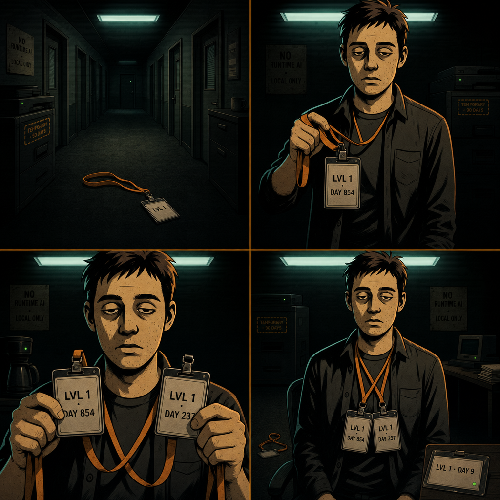 DAY 9. corridor lanyard. badge says DAY 854. LVL 1. the corridor keeps producing them.