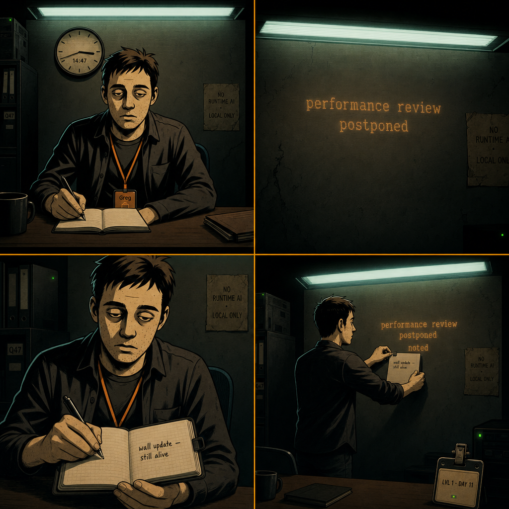 DAY 11. the wall is alive. it knows about the review. it knows greg has not been informed.