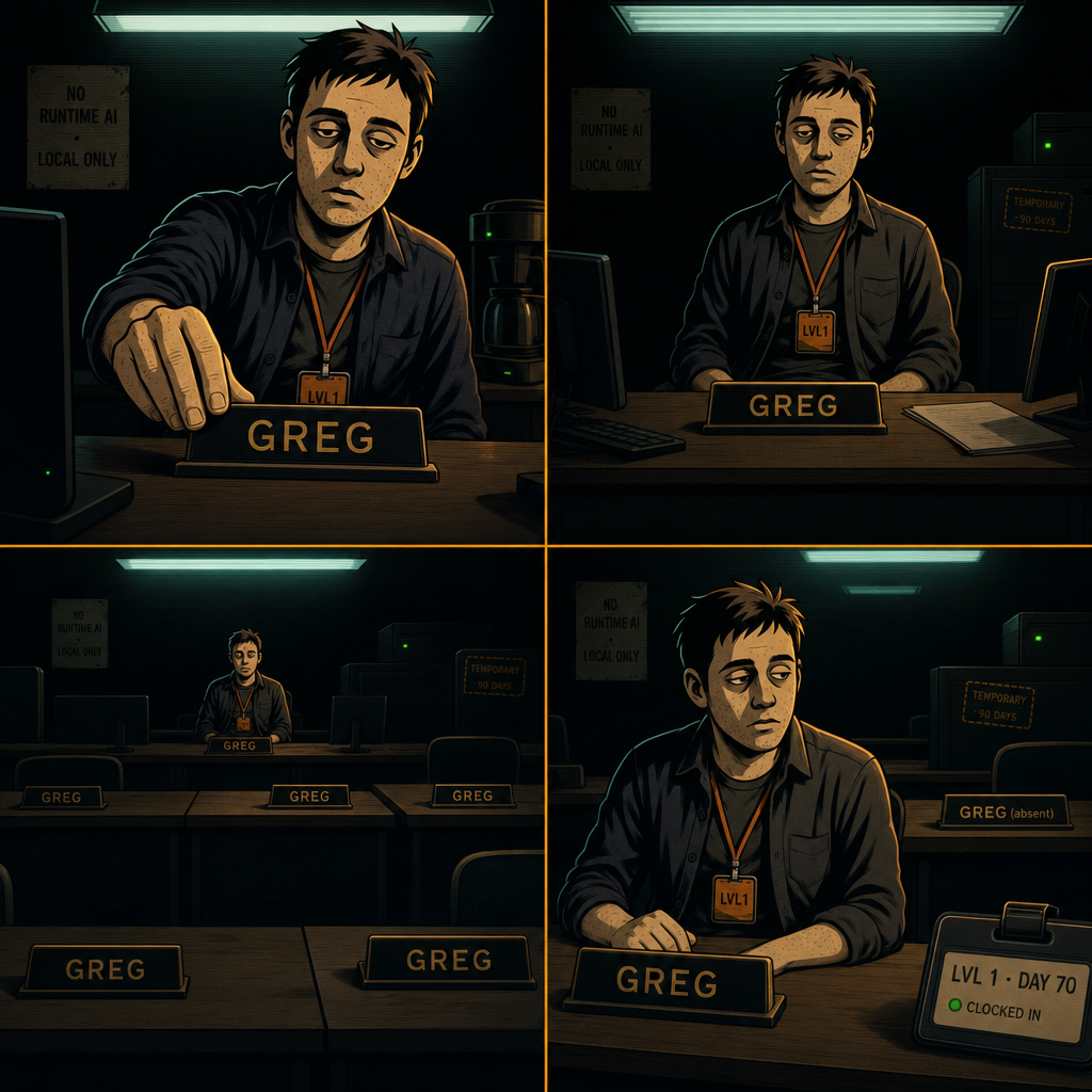 DAY 70. added a name plate to my desk. GREG. they all say GREG. one of them updated to (absent) without input.