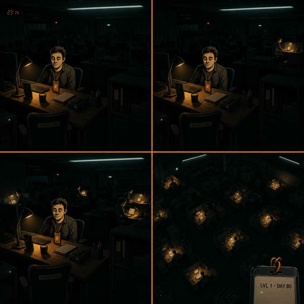 DAY 80. stayed late. the other desks lit up one by one. five of us in the dark office. none at the manager's desk.