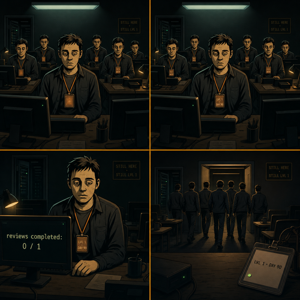 DAY 90. three months in. seven of us in the office tonight. no review. no follow-up. just the count.