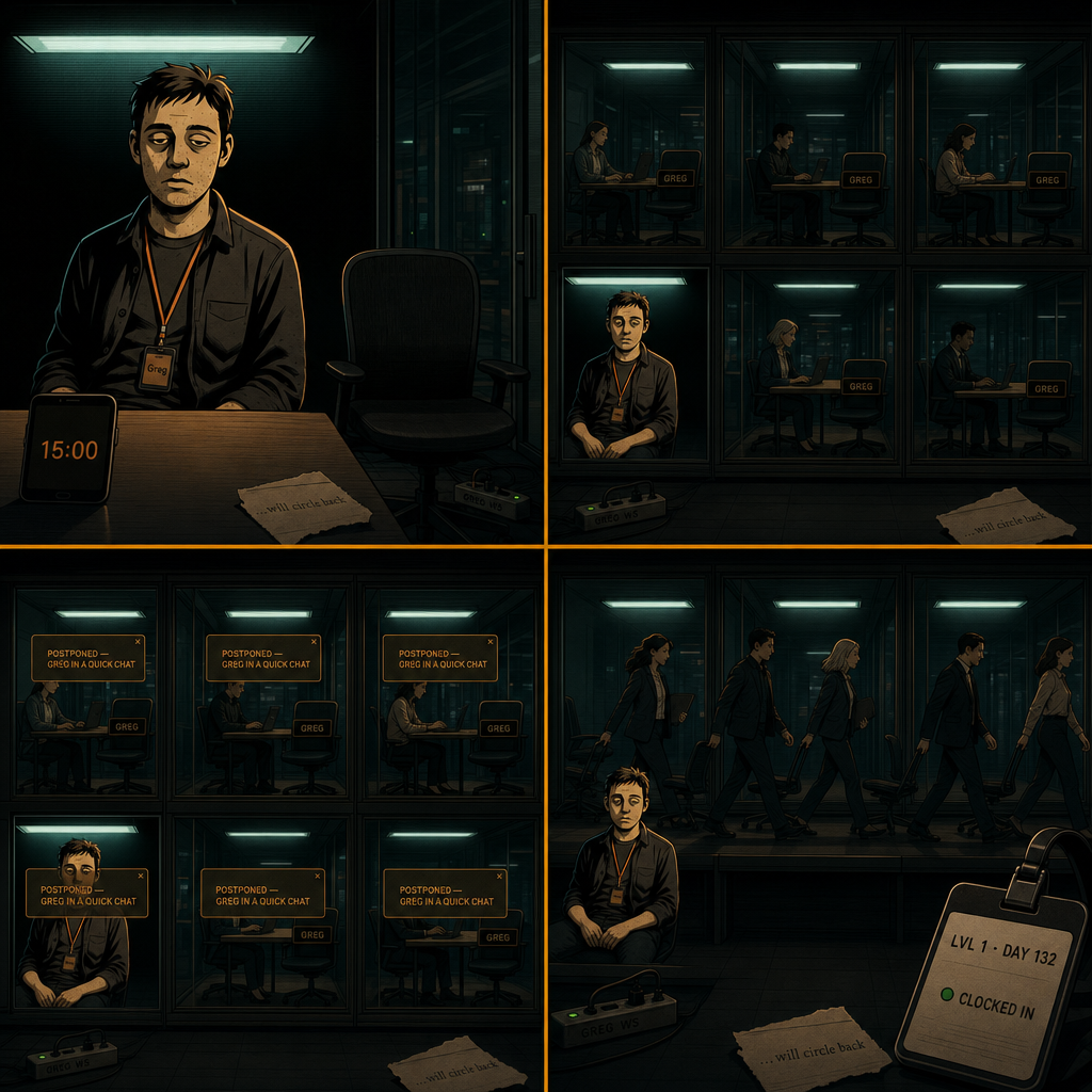 DAY 132. friday 15:00 in every meeting room. empty chairs. greg's chairs. 16:00 — every pop-up at once. we walked out in formation.
