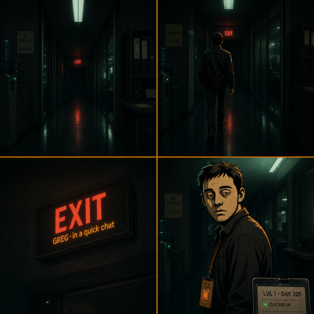 DAY 205. the exit sign updated. under EXIT: GREG · in a quick chat. turned back. went to my desk.