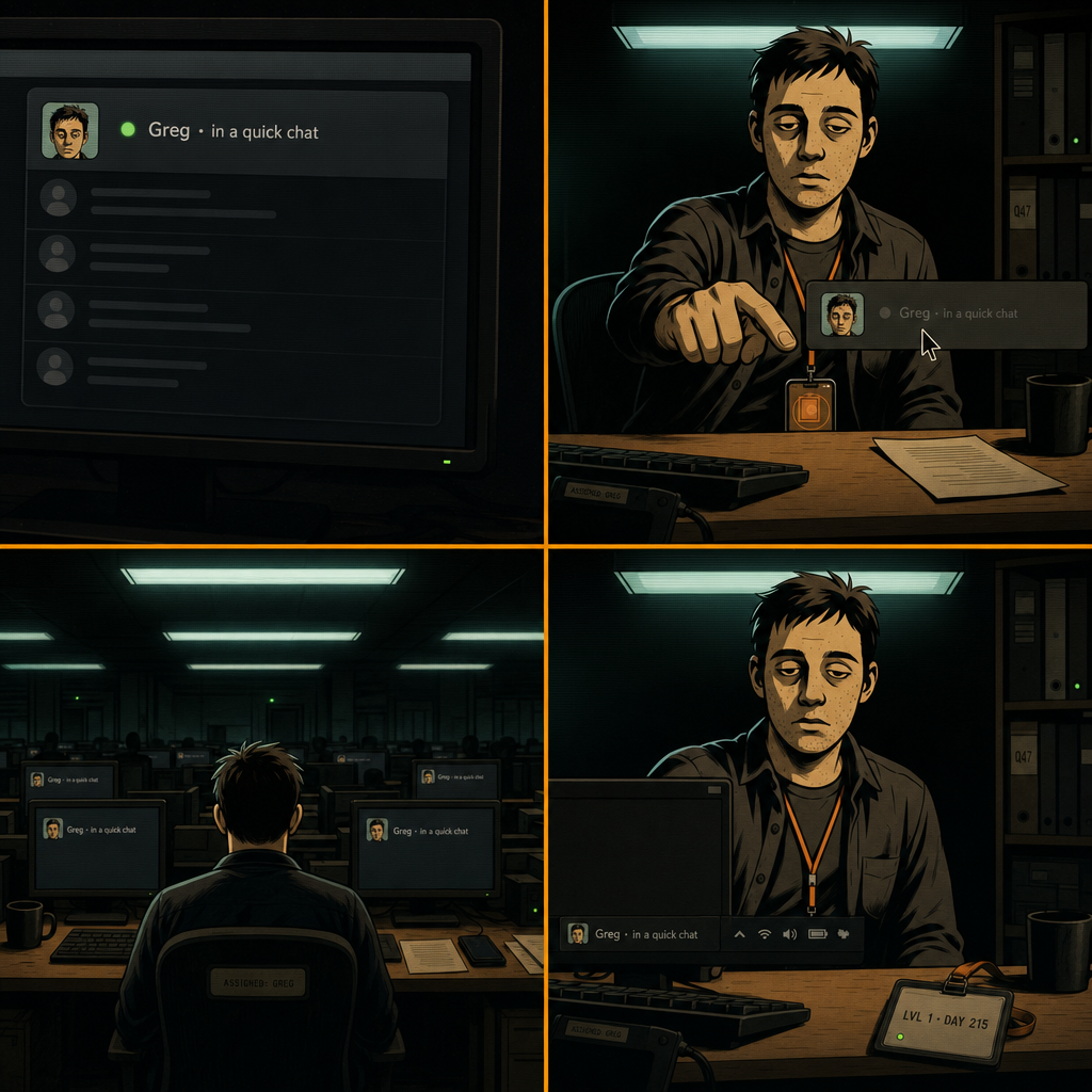 DAY 215. my status updated without me. GREG · in a quick chat. greyed out. can't change. everyone's status. all of us.