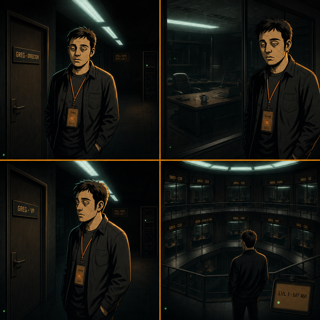 DAY 460. found the corner offices. GREG · DIRECTOR. GREG · VP. GREG · SVP. GREG · CHIEF. all empty. all greg.