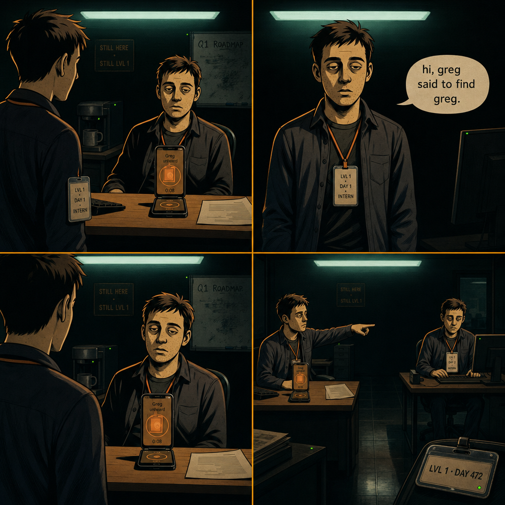 DAY 472. new intern arrived. looks like me, younger, no stubble. badge: LVL 1 · DAY 1 · INTERN. he said greg sent him to find greg. pointed to a desk. he sat. badge ticked to DAY 2.