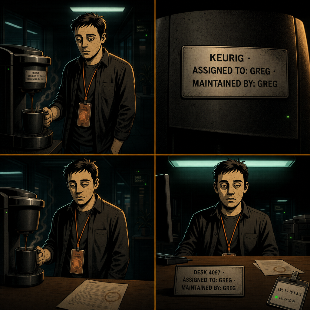 DAY 515. the keurig has been labeled. ASSIGNED TO: GREG. MAINTAINED BY: GREG. the desk too. ASSIGNED TO: GREG. MAINTAINED BY: GREG. everything is greg's. nothing is greg's.