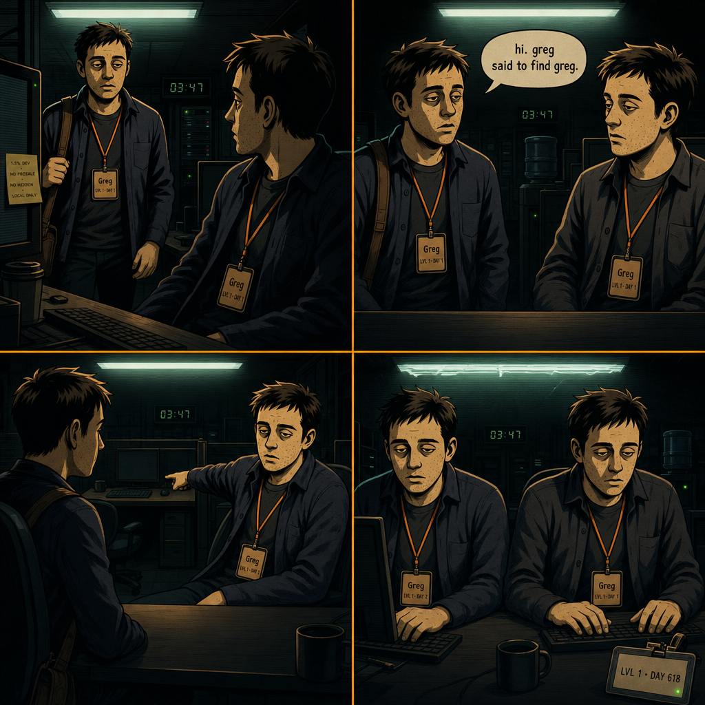 DAY 618. another new one. same face. fresh badge. same line: greg said to find greg. pointed to a desk. he sat. badge ticked.