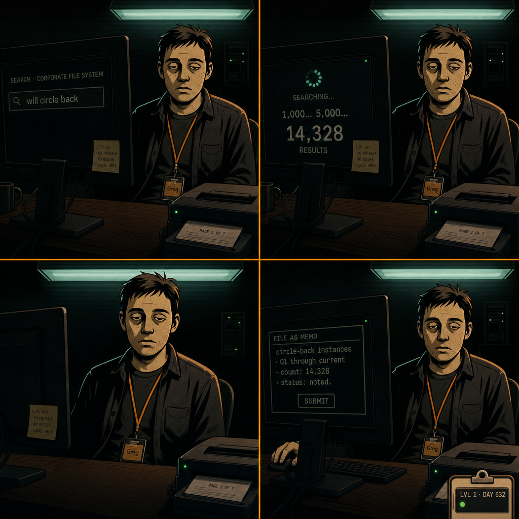 DAY 632. searched the file system for 'will circle back'. 14,328 hits. filed the count as a memo. status: noted.
