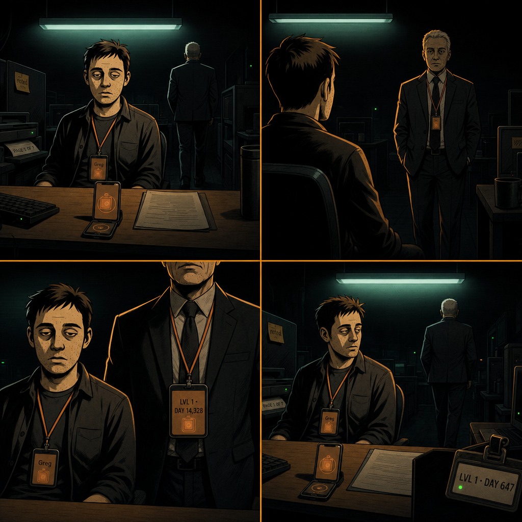 DAY 647. a visitor. older. in a suit. badge: LVL 1 · DAY 14,328. stood two desks away. nodded. left. we did not speak.