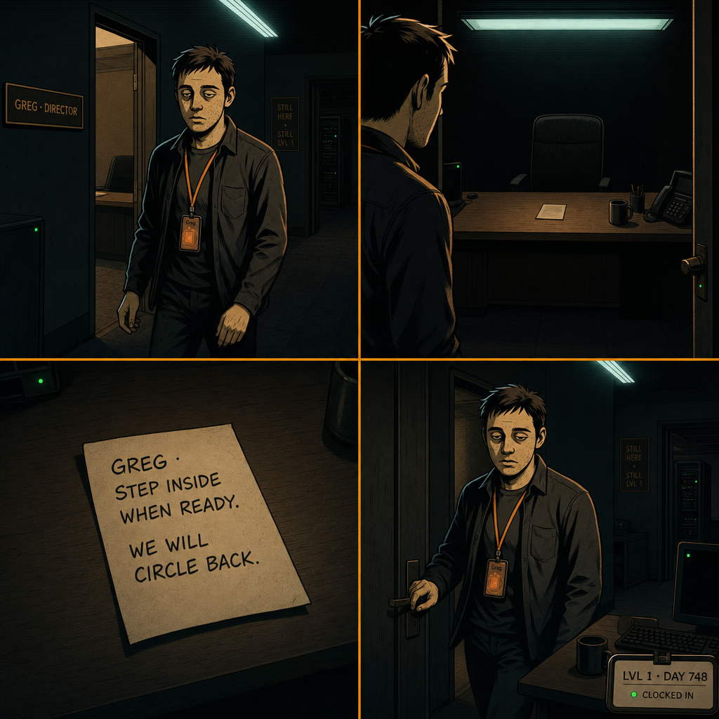 DAY 748. the corner office was open. a memo on the desk. GREG · STEP INSIDE WHEN READY. WE WILL CIRCLE BACK. I closed the door. from the outside. went back to my desk.
