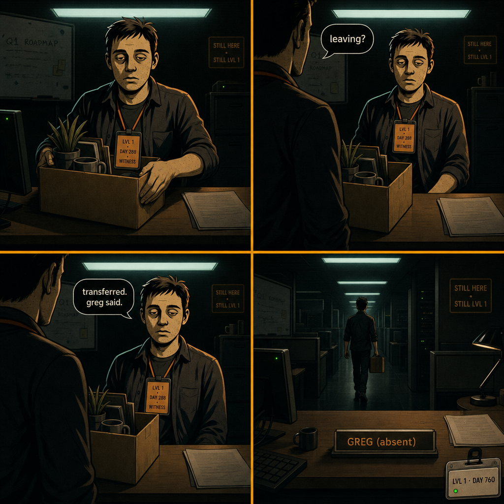 DAY 760. the intern transferred. greg said. he walked into the fluorescents. his desk got a new plate immediately. GREG (absent).
