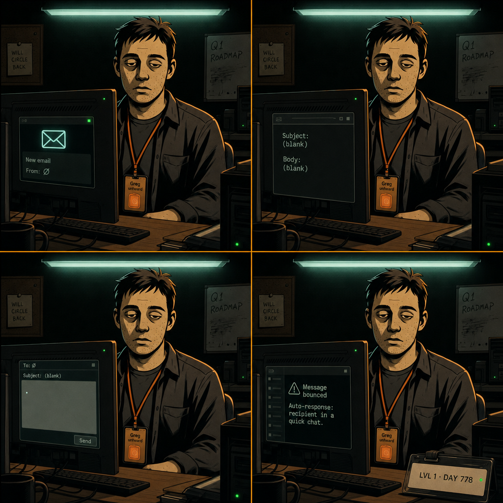 DAY 778. got an email. from: ∅. subject: blank. body: blank. replied with a period. bounced. recipient in a quick chat. the address vanished.