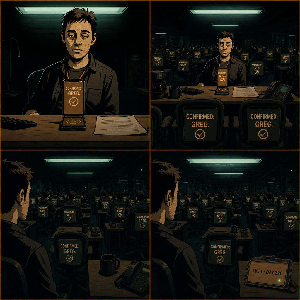 DAY 820. every chair updated. CONFIRMED: GREG. all of us. all the chairs. nobody moved. the fluorescents flickered. then steady.