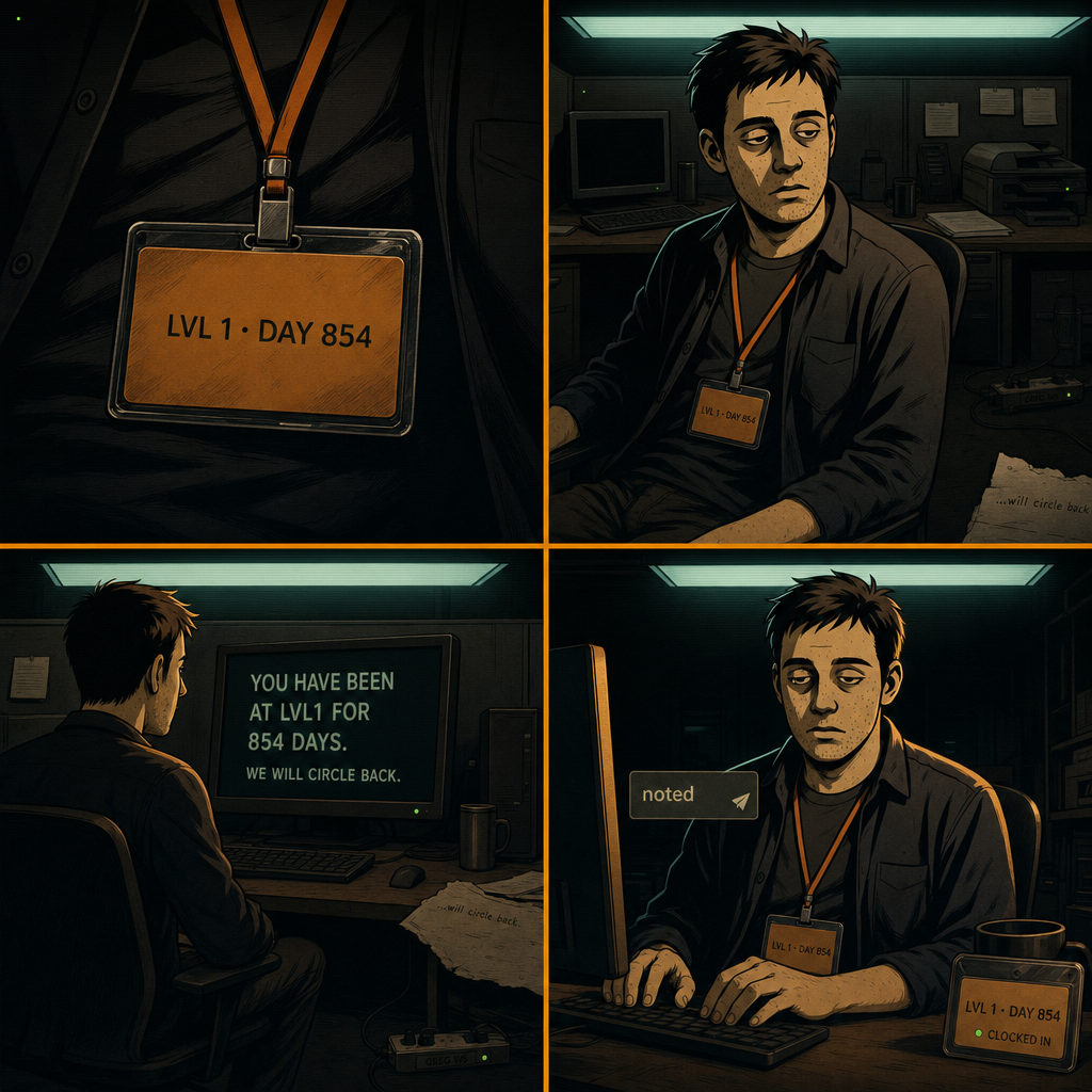 DAY 854. the number. the one I kept finding on corridor lanyards. now it's on mine. the office hasn't changed since DAY 1. WE WILL CIRCLE BACK. replied: noted.