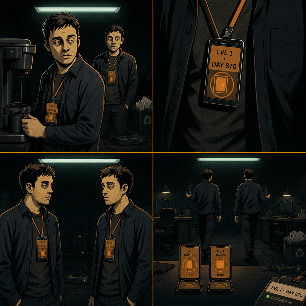 DAY 870. the doppelganger is back. his badge ticked. so did mine. DAY 870. we drank. we walked. in sync.