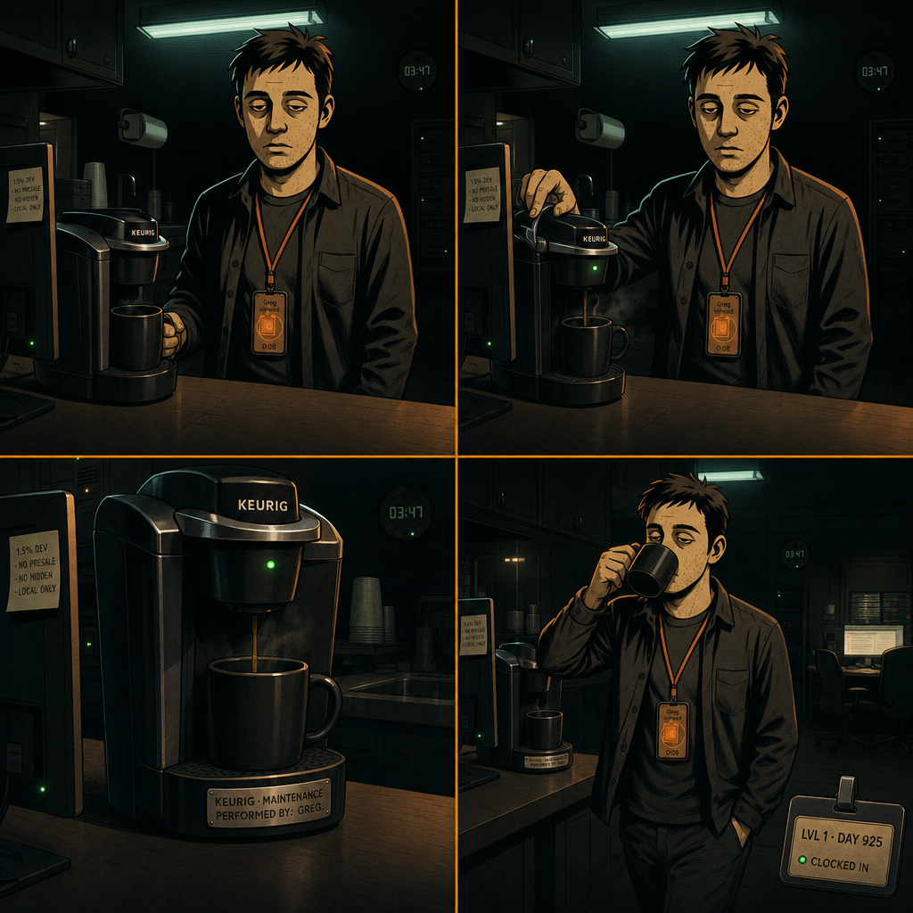 DAY 925. keurig restored. slightly cleaner version. MAINTENANCE PERFORMED BY: GREG. worked again. tuesday continues.