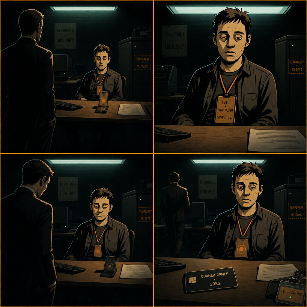 DAY 1022. visitor returned. LVL 1 · DAY 14,328 · DIRECTOR. placed a key card on my desk. label: CORNER OFFICE · GREG. left.
