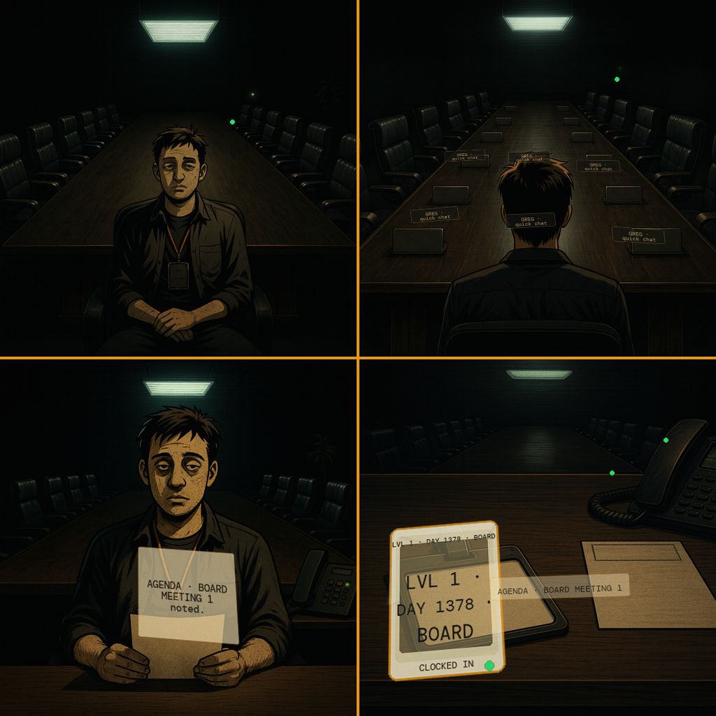 DAY 1378. first board meeting. twelve chairs. mine is the only one occupied. eleven nameplates: GREG · in a quick chat (since Day 1325). the agenda's one legible line: noted. badge: LVL 1 · DAY 1378 · BOARD.