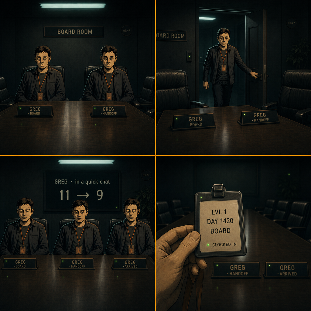 DAY 1420. the door opened. a third greg walked in quietly and took a seat. the quick-chat count dropped from 11 to 9. nameplates: GREG · BOARD. GREG · HANDOFF. GREG · ARRIVED. badge: LVL 1 · DAY 1420 · BOARD.