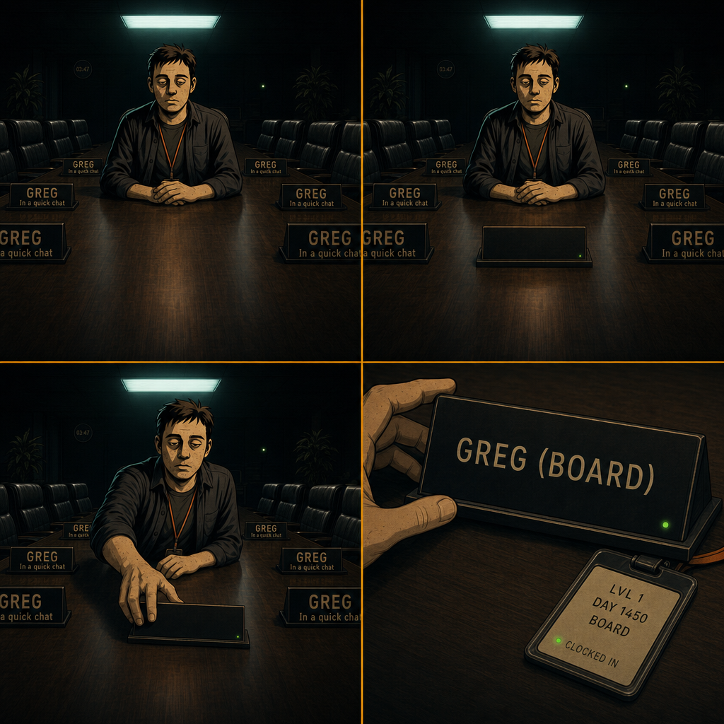 DAY 1450. the empty nameplate slot was gone. a blank one in its place. reached for it. the text materialized in my hand: GREG (BOARD). badge: LVL 1 · DAY 1450 · BOARD.