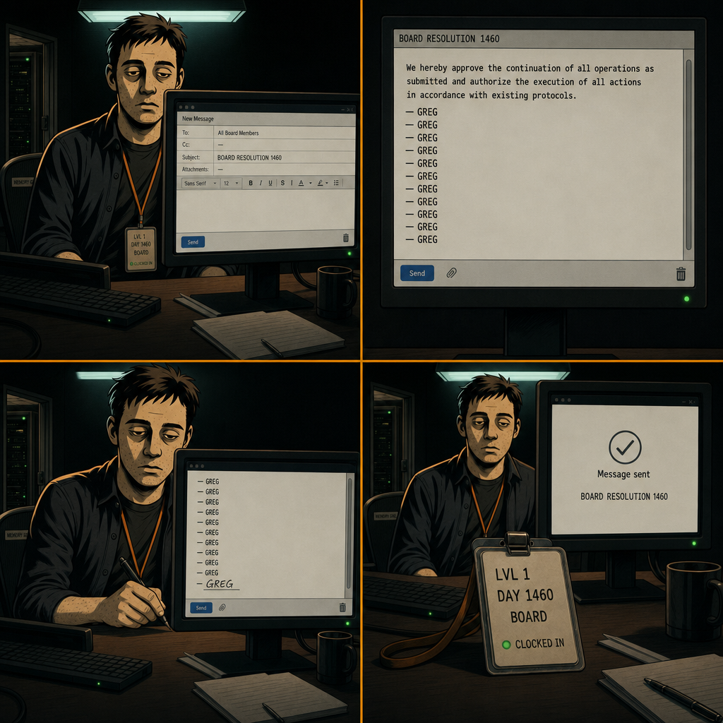 DAY 1460. an email: BOARD RESOLUTION 1460. one sentence, eleven signature lines, each pre-signed GREG. added the twelfth. eyes down. sent. badge: LVL 1 · DAY 1460 · BOARD.