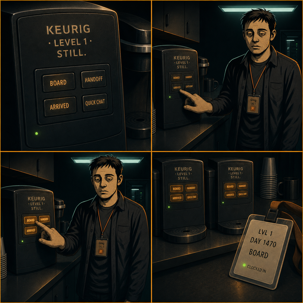 DAY 1470. the keurig button multiplied. BOARD. HANDOFF. ARRIVED. QUICK CHAT. pressed BOARD again; the other three lit amber too. a second identical keurig had appeared beside it. badge: LVL 1 · DAY 1470 · BOARD.
