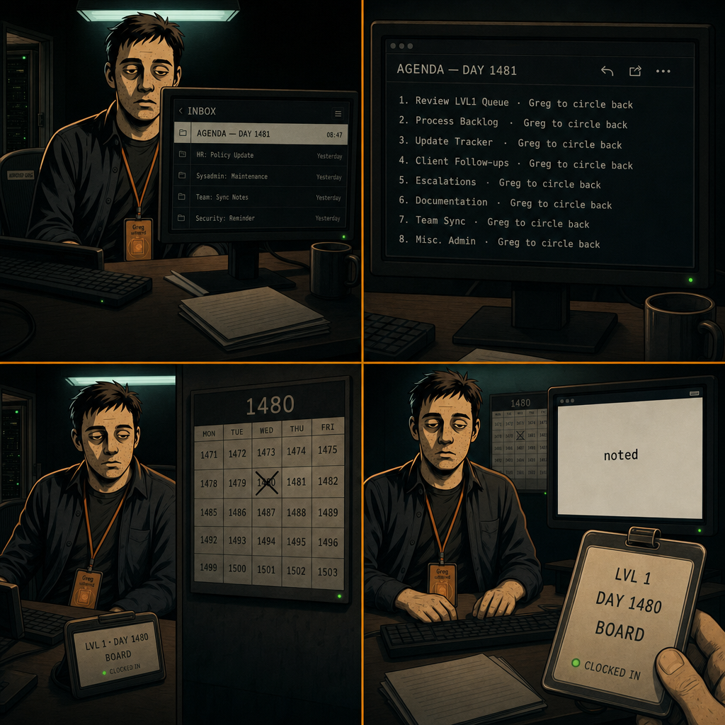 DAY 1480. tomorrow's agenda landed early: AGENDA — DAY 1481. a copy of day 1385's. every item ends Greg to circle back. day 1481 not yet crossed off. marked it noted. badge: LVL 1 · DAY 1480 · BOARD.