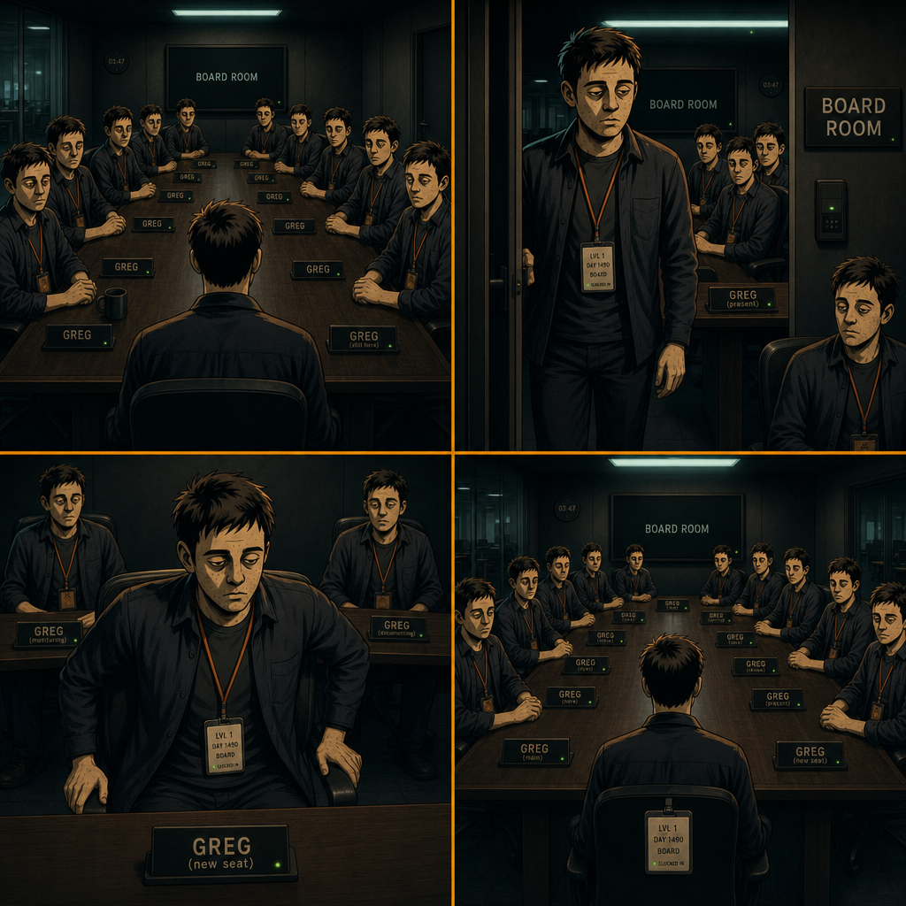 DAY 1490. eleven gregs at the table. the door opened. a twelfth walked in and took the last seat. the board room is full now. every nameplate a variation on GREG. badge: LVL 1 · DAY 1490 · BOARD.