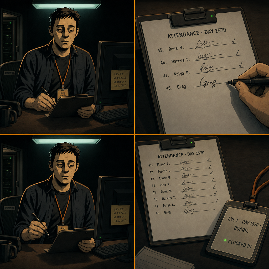 DAY 1570. signed my name on the blank line. the check mark appeared on its own. the list now has 48. i am entry #48. badge: LVL 1 · DAY 1570 · BOARD.