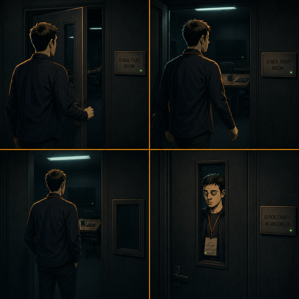 DAY 1615. pushed the door open and stepped over the threshold. it swung closed behind me. the corridor plate now reads QUICK CHAT — IN PROGRESS. badge through the window: LVL 1 · DAY 1615 · QUICK CHAT.
