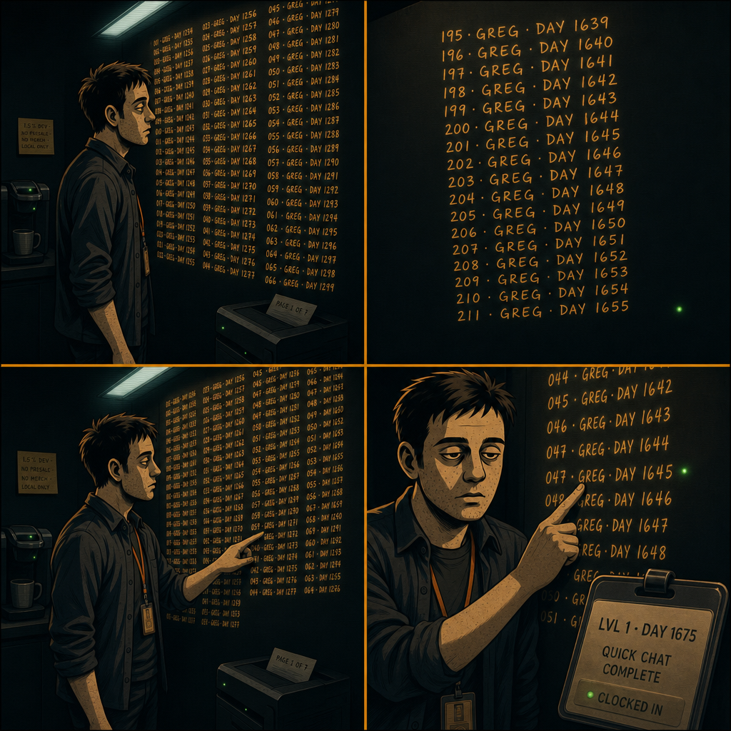 DAY 1675. the wall, denser than ever, covered in amber entries. two hundred eleven of them, each a name and a day. traced to entry #47: GREG · DAY 1645. badge: LVL 1 · DAY 1675 · QUICK CHAT COMPLETE.