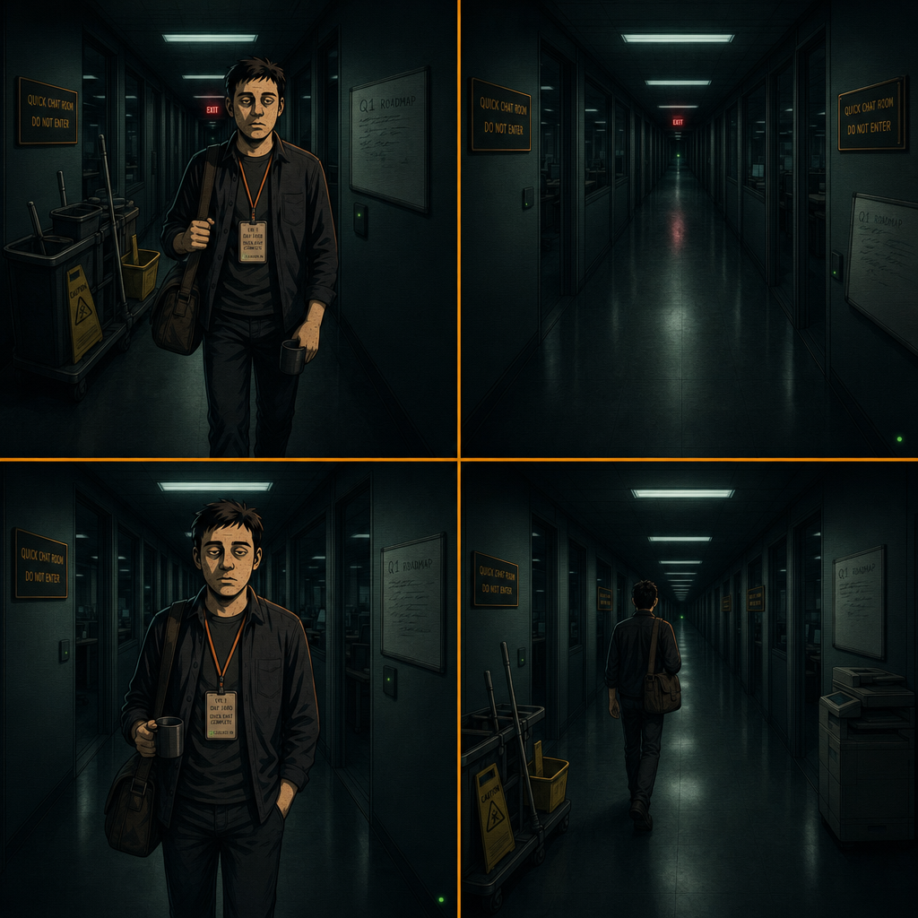 DAY 1690. a second door has appeared down the corridor. identical plate: QUICK CHAT ROOM — DO NOT ENTER. paused between them. three more barely visible in the distance. badge: LVL 1 · DAY 1690 · QUICK CHAT COMPLETE.