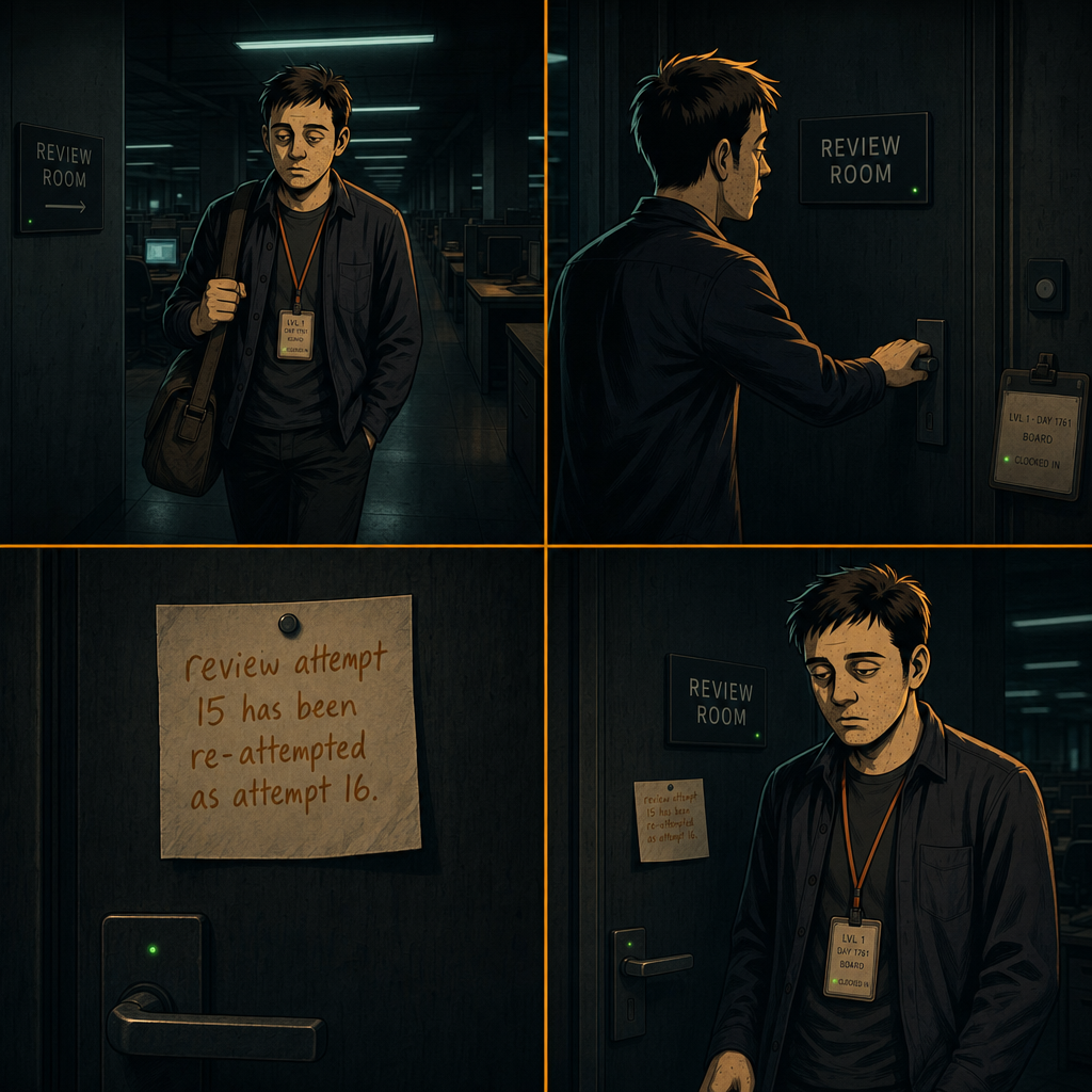 DAY 1761. walked the corridor to the Review Room. handle locked. a note pinned in amber marker: review attempt 15 has been re-attempted as attempt 16. hand dropped from the handle. badge: LVL 1 · DAY 1761 · BOARD.