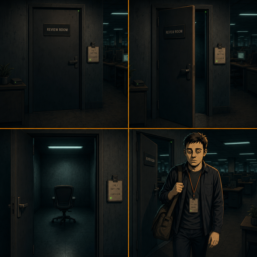 DAY 1790. the Review Room door, closed. then it opened by itself. no hand. inside: a single chair facing the back wall, otherwise empty. walked up to the doorway. badge: LVL 1 · DAY 1790 · BOARD.
