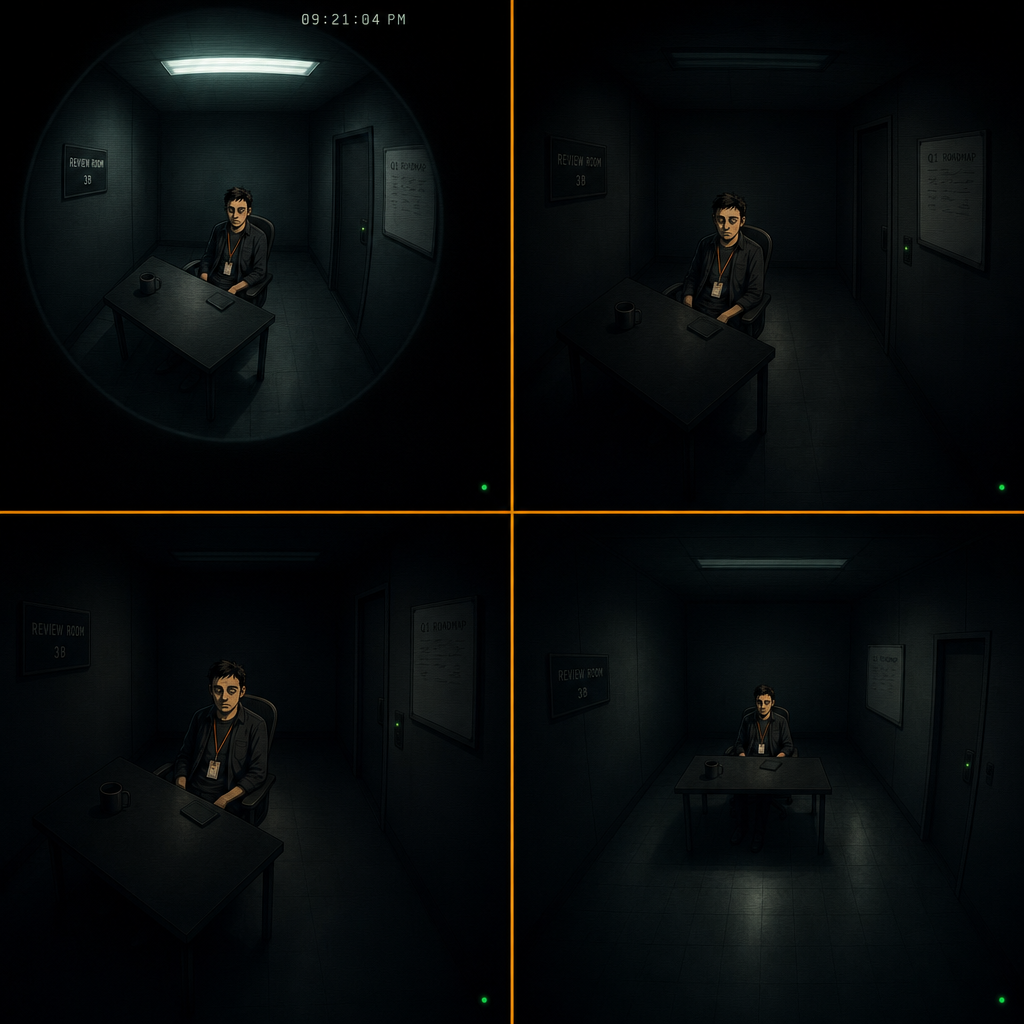 DAY 1820. same cam. still in the chair. the fluorescent dimmed as time passed. one figure in the center of an empty room. badge faint: LVL 1 · DAY 1820 · BOARD.