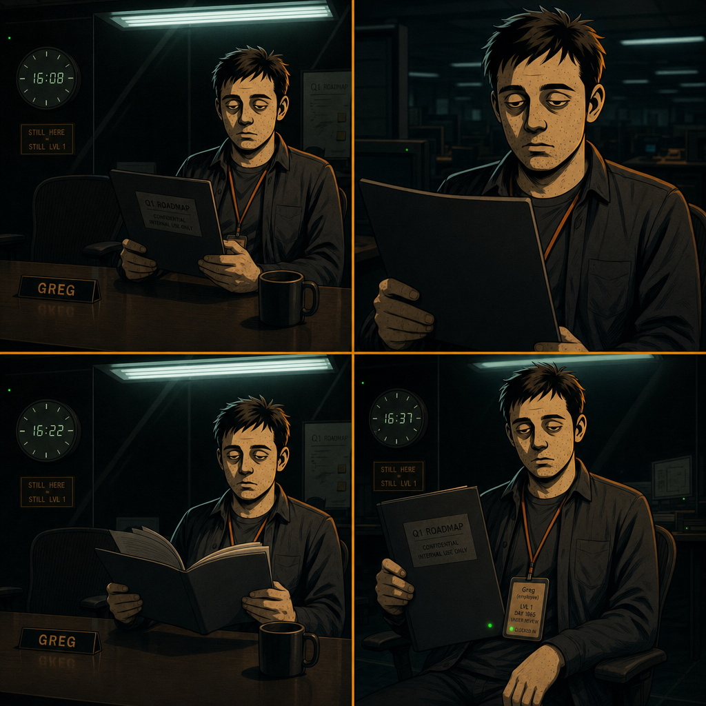 DAY 1865. back in the chair, the PDF open. read it. multiple pages, turned toward me, never toward you. closed it. badge: LVL 1 · DAY 1865 · UNDER REVIEW.