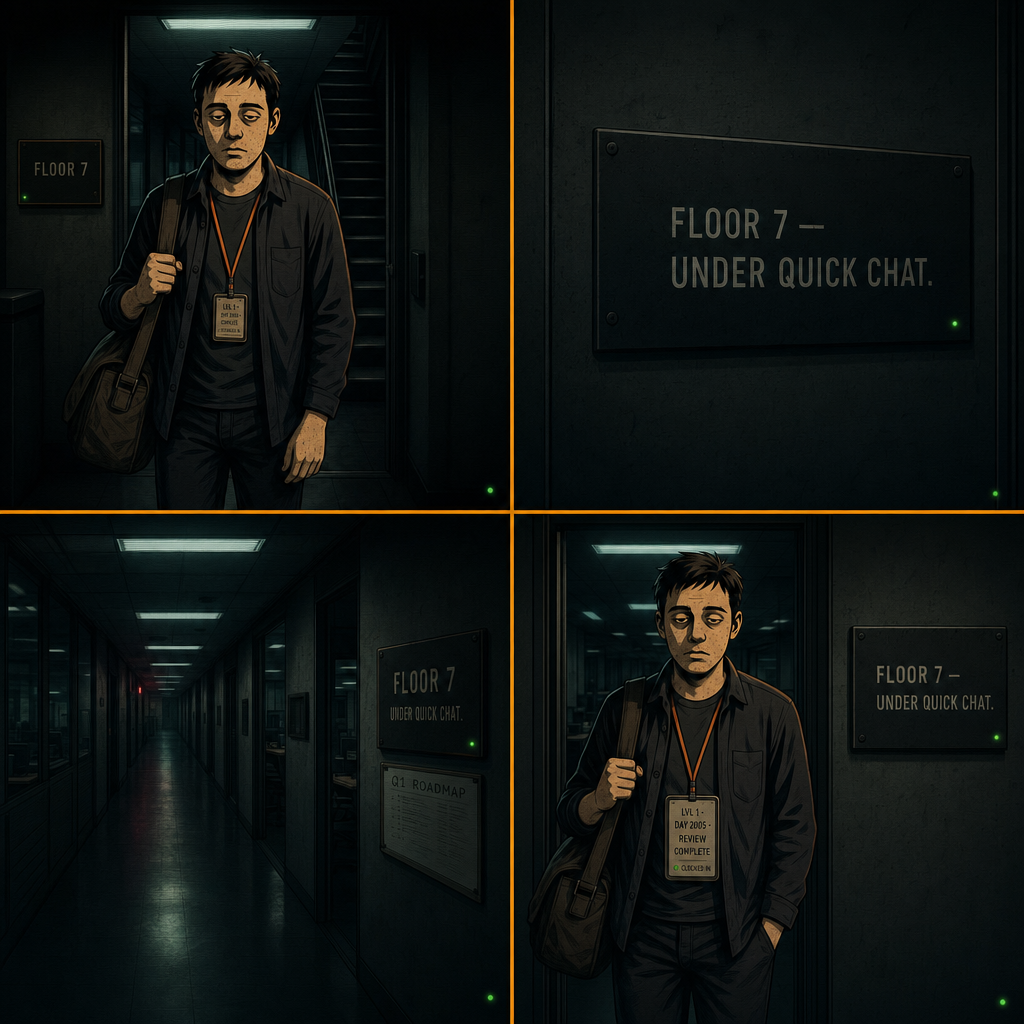 DAY 2005. floor 7. the sign reads FLOOR 7 — UNDER QUICK CHAT. the corridor flickers. greg stands at the threshold. does not enter. badge: LVL 1 · DAY 2005 · REVIEW COMPLETE.