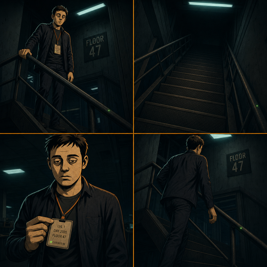 DAY 2020. top of a stairwell, high up, looking down. no bottom visible. the day number updates. turns from the railing and keeps climbing. badge: LVL 1 · DAY 2020 · FLOOR 47.