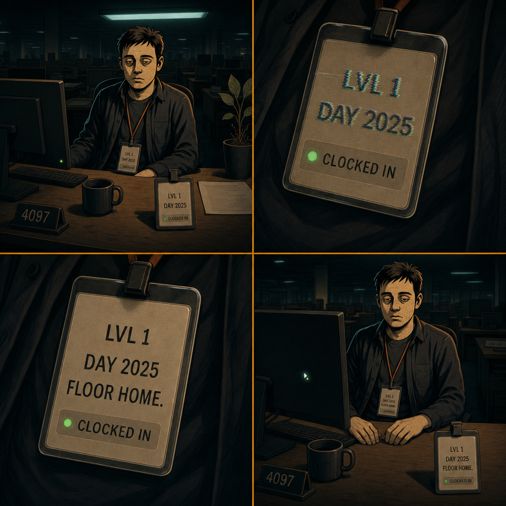 DAY 2025. back at the corner office desk. the badge resolves: LVL 1 · DAY 2025 · FLOOR HOME. hands on the desk. the monitor blank but for the cursor blinking.