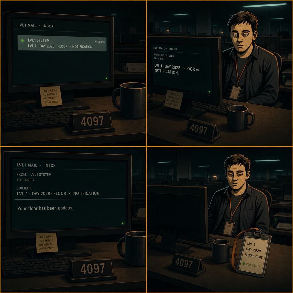 DAY 2028. new email on the monitor. subject: LVL 1 · DAY 2028 · FLOOR ∞ NOTIFICATION. body, one line: Your floor has been updated. does not respond. badge: LVL 1 · DAY 2028 · FLOOR HOME.